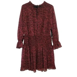 Black‎ Tape Mini Dress 1X Burgundy Long Sleeve Zebra Ruffle Smocked Mob Wife